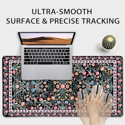 Black Floral Desk Mat Large Mouse Pad 31.5"x15.7" Non-Slip | Extended Mousepad, Non-Slip Rubber Base , Stitched Edges, for Computer/Laptop/Office/Home - color: Black Floral