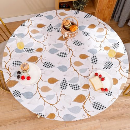 Walrus Round Vinyl Fitted Tablecloth with Flannel Backing Elastic Edge Design Table Cover Waterproof Oil-Proof PVC Table Cloth Stain-Resistant Best for 45"-56" Round - color: Branches, size: 56" (Round)