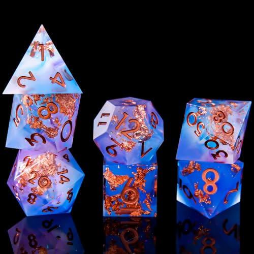 Sharp Edge DND Dice Set Handmade 7 Accessories Dice for Dungeons and Dragons TTRPG Games, Multi-Sided RPG Polyhedral Resin Sharp Edge Dice Roleplaying Games - color: Purple- Gold