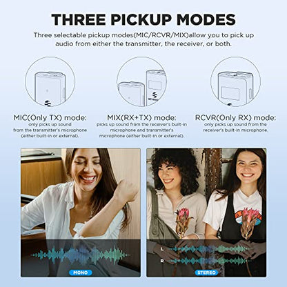 Wireless Lavalier Microphone for Cameras Camcorder,Noise Cancellation,328ft Range,3 Pickup Modes,Compact Clip-on Lapel Mic for Video Recording Interview YouTube Live Streaming