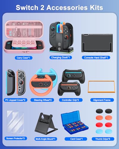 Switch 2 Accessories, Case Bundle for Nintendo Switch 2 2025 Console | [Charge Inside]FYOUNG 23 IN 1 Kit:Carrying Case,Controller Charger,Protective Shell,Grip for Joycon, Steering Wheel -Pink - color: Pink