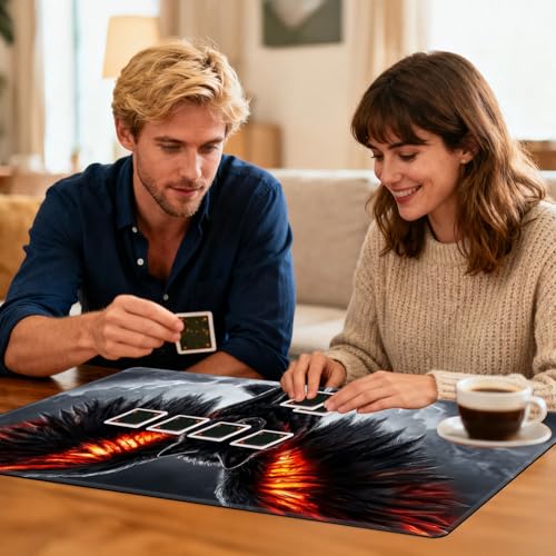 for MTG Playmat TCG Card Game Mat with Stitched Edges,Board Game Mats Non-Slip Waterproof Rubber Base 24 x 14 inch for CCG RPG DTCG Trading Card,Dark Wolf Wings - color: Dark Wolf Wings