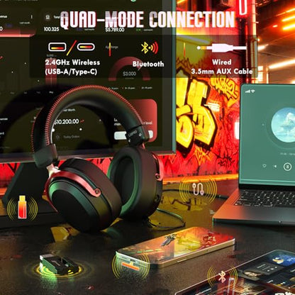 ATTACK SHARK L30Pro Wireless Gaming Headset with 2.4Ghz/BT/Wired, Long Battery Life with Detachable Microphone 7.1 Surround Sound Ultra-Low Latency for PC/PS5/Xbox/Switch/Mobile Black&Red - color: Black/Red