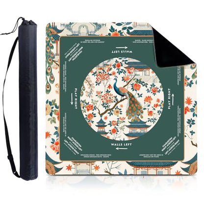 Foilswirl 1 Pcs Mahjong Table Mat Floral Peacock, 33" x 33" Green Chinoiserie Peacock Mahjong Mat Non-Slip Noise Reduction Carrying Bag for Poker Board Card Games Dominoes, Ships Rolled(Luxurious) - style: Luxurious