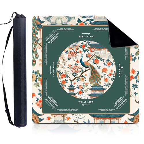 Foilswirl 1 Pcs Mahjong Table Mat Floral Peacock, 33" x 33" Green Chinoiserie Peacock Mahjong Mat Non-Slip Noise Reduction Carrying Bag for Poker Board Card Games Dominoes, Ships Rolled(Luxurious) - style: Luxurious