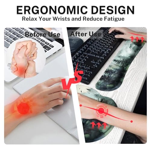 Britimes Green Ink Style Mountain Forest Keyboard Mouse Pad Set 4in1 Large Mousepad+Keyboard Wrist Rest+Mouse Wrist Rest+Coaster Set with Ergonomic Design for Home Office Computer 35.4x15.7 inches - color: Ink Style Mountain Forest