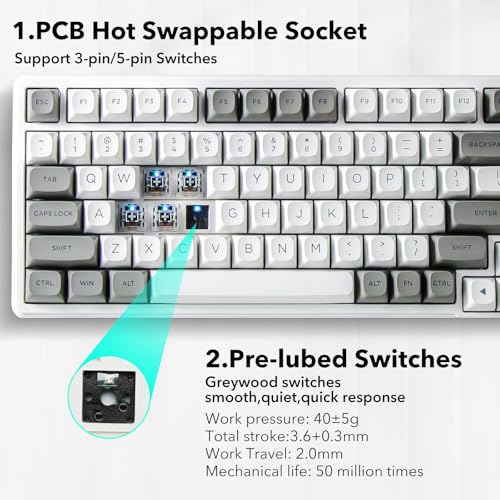 HUO JI Z-99 Wired Mechanical Keyboard, Creamy Sound, Hot Swappable Pre-lubed Linear Switches, Gasket Structure with Sound Dampening Foam, RGB Backlit, 99 Keys Custom Gaming Keyboard for PC/Mac,Gray - color: White Gray