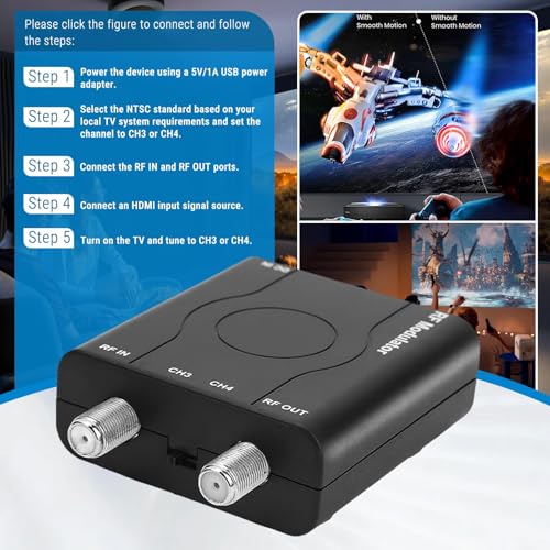 HDM61 HDMI to RF Modulator VHF NTSC 1080P Converter for TV Game Console | NTSC CH3/CH4 Output, Durable ABS, CATV, HDMI 1.4, Up to 1080P, PLL VHF Control Plug & Play for PC, Game Console, TV