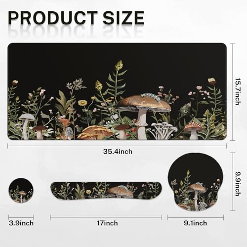 Britimes Black Mushroom Floral Keyboard Mouse Pad Set Plant Flower 4in1 Large Mousepad+Keyboard Wrist Rest+Mouse Wrist Rest+Coaster Ergonomic Design for Home Office Computer 35.4x15.7 inches - color: Black Mushroom Floral