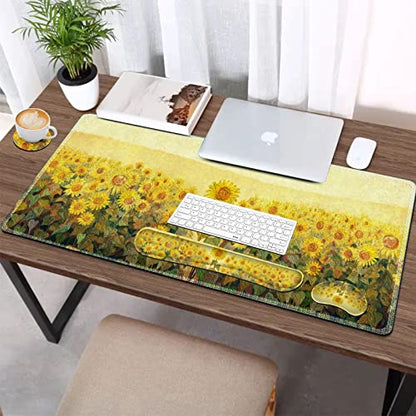 AIMSA Keyboard Mouse Pad Wrist Rest, Extended Gaming Mouse Pad +Wrist Support, Ergonomic Memory Foam,XXL Large Mousepad, 4Pcs (35×15.7 in) Desk Mat, Sunflower Oil Painting - color: Sunflower Oil Painting
