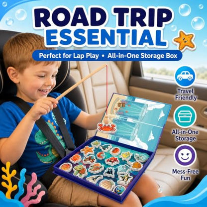 TRAVOFUN Magnetic Fishing Game Book for Kids Ages 3-8, Travel Toys for Toddlers 3-5, Road Trip and Airplane Activities, Quiet Portable Car Ride Toy with 2 Poles and 27 Ocean Fish - style: Fishing Game