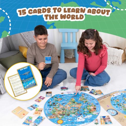BONNYCO Giant Floor Puzzles for Kids World Map with 70 Large Pieces. Round Globe Puzzle with Animals, 23 x 23 in, 15 Cards, 4 3D Figures, Guide. Learning Gifts, Toys for 4 Year Old Boys
