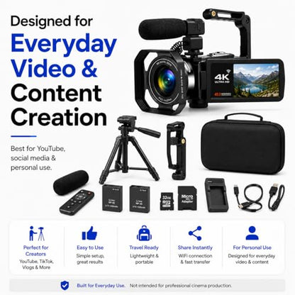 Acuvar 4K Video Camera Camcorder 60FPS 48MP with WiFi, 18X Zoom, Flip Screen, External Mic, Stabilizer & Tripod – Vlogging Camera Kit with 2 Batteries, Dual Charger & 64GB SD Card for YouTube - style: Elite Kit