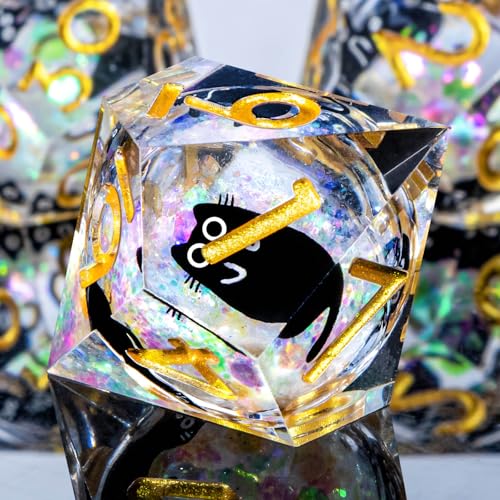 Roycevon Resin DND Dice Set with Gift Box, 7Pcs Liquid Core Cat D&D Dice, Cute Dungeons Dragons D and D Dice, Sharp Edge Role Playing Game Dice D20 D12 D10 D8 D6 D4, Rainbow Gold - color: Rainbow White - 2