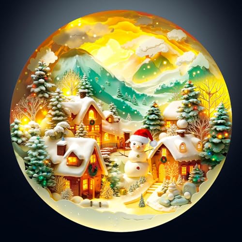 1000 Piece Round Jigsaw Puzzle for Adults, Winter Snow Village Christmas Snowman, Hard Puzzles with Letters on Back, Wall Decor Holiday Activity Gift - color: G-winter Snow Village