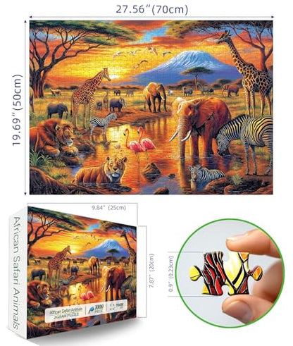 MINIWAN 1000 Piece Jigsaw Puzzles for Adults & Seniors - African Safari Animals Kilimanjaro Sunset Puzzle, 27.5"x19.7" Adult Puzzle with Letters on Back & Reference Poster - color: African Safari Animals