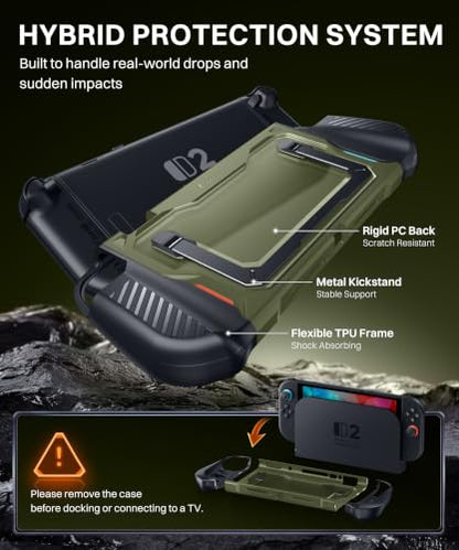 GolbinBox Hard Shell Case for Nintendo Switch 2 with Kickstand, Green | Magnetic split design, aluminum stand, military-grade protection, detachable Joy-Con covers, for travel and commuting - color: Green