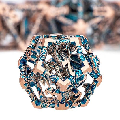 ARUOHHA Hollow DND Dice Set Copper Blue 5-Headed Dragons D and D Dice with Gift Box, Role Playing Games 7PCS Metal RPG Dungeons Polyhedral Dice D20 D12 D10 D8 D6 D4 - color: Copper Blue-02