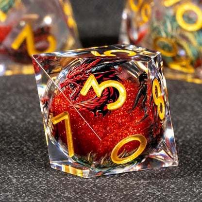 KERWELLSI Liquid Core Dragons Pattern Dice, Resin DND Dice Set with Gift Box, Red and Gold Sharp Edged Dungeons D&D Dice, Role Playing Game Dice D20 D12 D10 D8 D6 D4