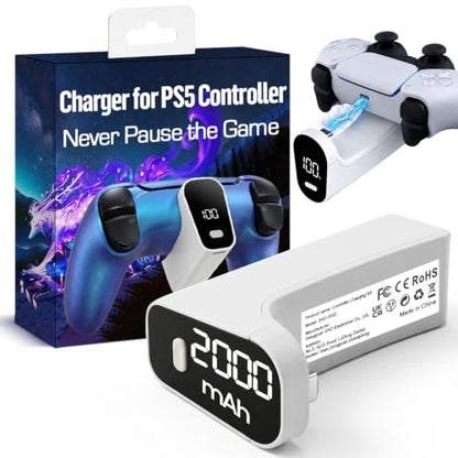 Wireless Charger for PS5 Controller with 2000mAh Battery Pack, Play While Charging for PlayStation 5 Controller Charger LED Display 12H Extended Playtime Ultra-Light Portable