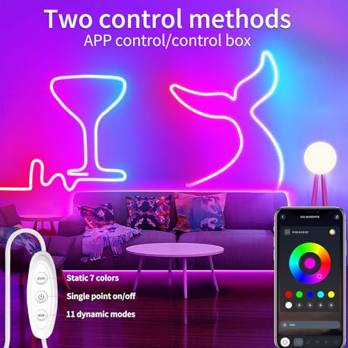 5V LED Neon Lights，3.3ft USB Powered LED Strip Lights | Color Changing Rope Light with APP Control，IP65 Waterproof Rope Lights for Bedroom，Cabinet,Kitchen(with Adhesive Backing) - size: 3.3FT