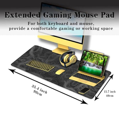 Computer Desk Pad - Black and White, Gaming Keyboard and Mouse Pad, Non-Slip Rubber Base, 35.4 X 15.7 inch for Work/Game/Office Topographic Map - color: Topographic Map Lines