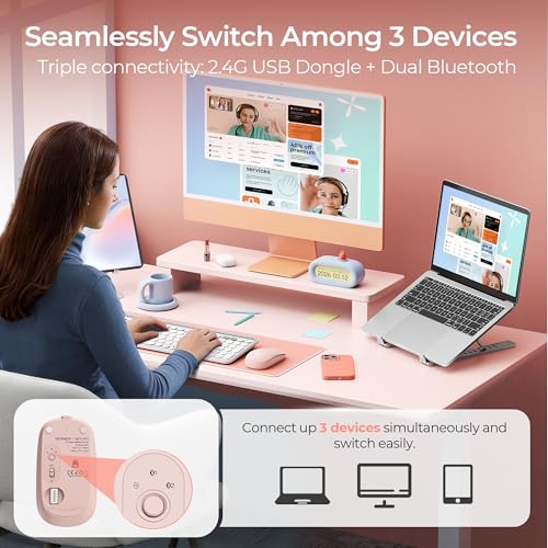 seenda MOU001 Bluetooth Wireless Mouse for Laptop,Slim Computer Mice,Pink | Rechargeable Computer mouse with USB and dual Bluetooth, 3-level DPI and quiet clicks for Windows, Macbook, iPad and Travel. - color: pink