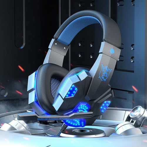 Stereo Gaming Headset for PS4 PC Xbox One PS5 Controller, Noise Cancelling Over Ear Headphones with Mic, LED Light, 7.1 Surround Sound, Soft Memory Earmuffs for Nintendo Xbox Series X|S-Black/Blue - color: Black/Blue