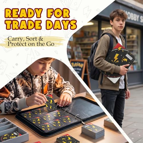 Card Binder for Pokemon Cards, 9 Pocket Trading Card Binder Holds 900 Cards with 50 Removable Sleeves, 3 Ring Zipper Card Holder Album Book Case for TCG, MTG, Sports Cards Collection, Boys Girls - color: Black