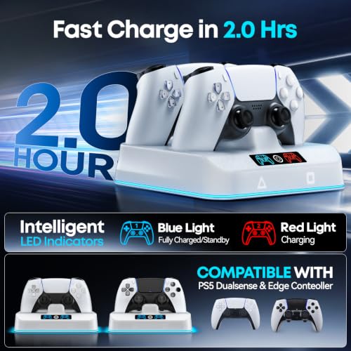 PS5 Controller Charger Station, Drop & Go Design Compatible with PlayStation 5 DualSense/Edge Remotes, Fast Charging Dock with 9 RGB Lights & LED Indicator, Charging Stand