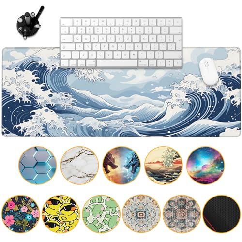 Mountain Gaming Mouse Pad,Japanese Blue and White Sea Wave Desk Mat,31.5""X15.7"" Large Desk Pad with Stitched Edge Non-Slip Base Keyboard Big Mouse Pad for Office Home Work Gaming, WDQ-D05 - color: Japanese Sea Wave