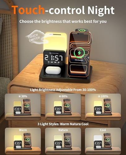 6-in-1 Wireless Charging Station,Charger Stand for Apple Devices for Gifts | for iPhone 17-12 Pro Max Watch Airpods,Wireless Charger iPhone Charging Station with Night Light/Alarm Clock Gifts