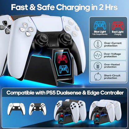 PS5 Controller Charger Station Compatible with PlayStation 5 Faceplates Edge & Dual Controller, 9 Lightings PS5 Accessories Charging Station, PS 5 Dock Stand with LED for Sony for PlayStation Consoles - color: Deep Black