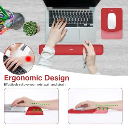 MOSISO Wrist Rest Support Mouse Pad & Keyboard Set, Red | Rectangular Ergonomic Mousepad, Non-Slip Base, Home/Office Pain Relief & Easy Typing, Neoprene Cloth & Raised Silicone Lining - color: Red