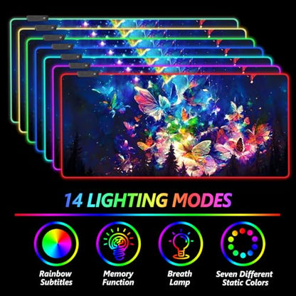 AIMSA RGB LED Gaming Mouse Pad, 14 Modes Glow Pad, Extra Large Gaming Mousepad, 35.4 x 15.8 inch Extended Big Waterproof Keyboard Mouse Pad Mat, Colorful Abstract Butterfly - color: Colorful Abstract Butterfly