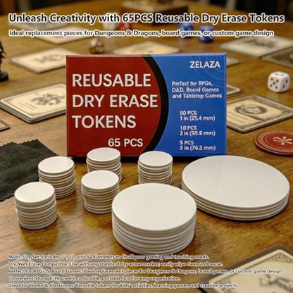 Dry Erase DND Tokens, 65 PCS RPG Set with 2 Erasers, 3 Sizes | Reusable Dry Erase RPG Tokens for DND Combat Tracking, Initiative, Conditions, Effects, MTG Counters, Tabletop Games and DIY