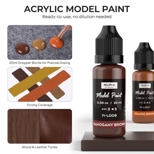Nicpro 10 Colors Wood & Leather Model Paint Set, 20ml Ready to Use Modeling Acrylic Paints, Brush & Airbrush Compatible, Miniature Paint Set for Beginner & Pro on Model, Figure, Crafts, with 1 Thinner - style: Wood & Leather