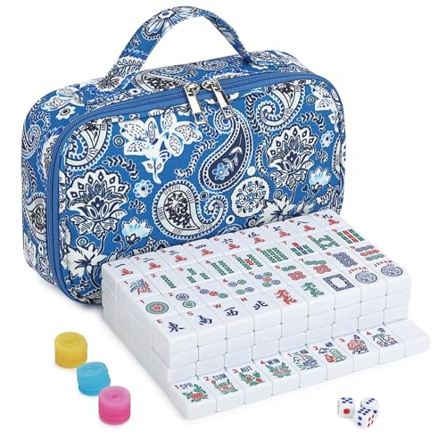 Suncle American Mahjong Tiles,166 Tiles White Pink Acrylic Carving Tiles,Mahjong Game Set with Portable Travel Case,Excluding Mahjong Racks