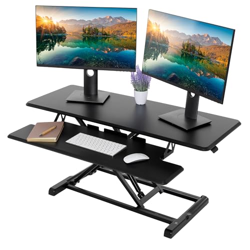 TechOrbits Standing Desk Converter - 42 Inch Adjustable Sit to Stand Up Desk Workstation, MDF Wood, Ergonomic Desk Riser with Keyboard Tray, Desktop Riser for Home Office Computer Laptop, Black 42" - size: 42" MDF Wood