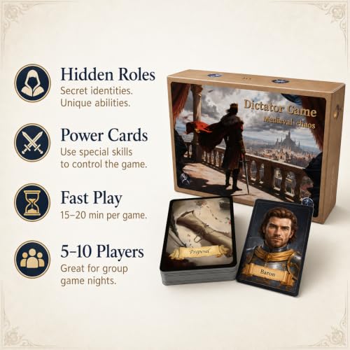 A & B GAMES Medieval Court Hidden Role Card Game for 5-10 Players | Quick 15-20 minute rounds,Bluffing and table reading,Rebellion choices and reversals,Compact box for gatherings