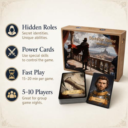 A & B GAMES Medieval Court Hidden Role Card Game for 5-10 Players | Quick 15-20 minute rounds,Bluffing and table reading,Rebellion choices and reversals,Compact box for gatherings