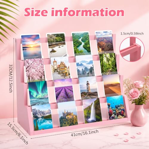 Junkin 4-Tier Pink Wooden Greeting Card Display Stand, Trading Cards Display Cases Tabletop for Idol Game Sports Collection Showcase, Ideal Gift for Card Collectors
