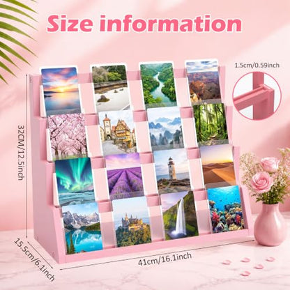 Junkin 4-Tier Pink Wooden Greeting Card Display Stand, Trading Cards Display Cases Tabletop for Idol Game Sports Collection Showcase, Ideal Gift for Card Collectors