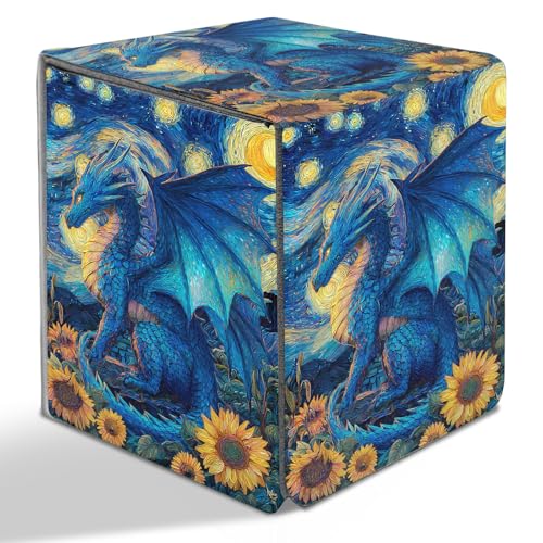 BVDIKMI Card Deck Box for MTG, Card Storage Box Fits 100+ Single Sleeved Cards, PU Leather Strong Magnet Card Deck Case Holder for Magic Commander TCG CCG, Sunflowers Blue Dragon - color: Sunflowers Blue Dragon