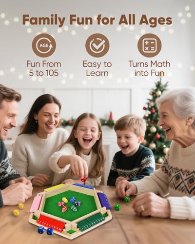 Original Classic Shut The Box Game Wooden Math Dice Board Game 2-6 Players | Table Games for Family Night Classroom Travel, Gifts for Group Kid Adult Senior, Camp Party Bar, Easy Quick and Fun - size: 6P