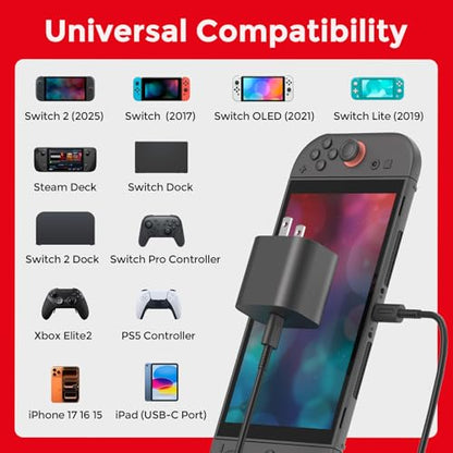 10ft Charger for Nintendo Switch 2-20V 3A 60W AC Adapter Fast Charging with 10ft USB C Cable - Compatible with Switch/OLED/Lite/Steam Deck - Support 4K TV Mode - Original Quality - size: 10FT
