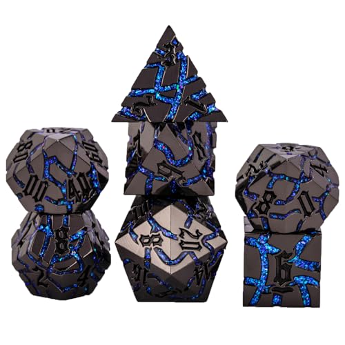 Cracked Rune Metal Dice Set for DND & RPG – Dark Fantasy Fractured Design, Premium Heavy Metal Polyhedral Dice with Deep Engraved Numbers, 7-Piece Set – Blue Arcane Vein - color: Black Nickel Blue