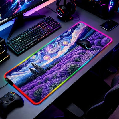 RGB Fantasy Starry Night Lavender Field Gaming Desk Mat, Computer Keyboard Large Extended Long Floral LED Mouse Pad for Office and Home, XL (W27) - color: Rgb-w27