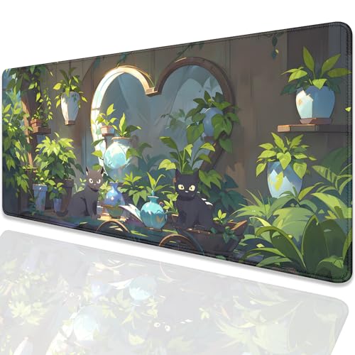 Lofi Cat Mouse Pad Green Plant Desk Pad,Black Cat Extended Gaming Mouse Mat with Stitched Edges Non-Slip Waterproof Rubber Base Mous Mat for Office,Computer,Keyboard,Laptop,Home Desk Pad(27.5X11.8 in) - color: Two Black Cat