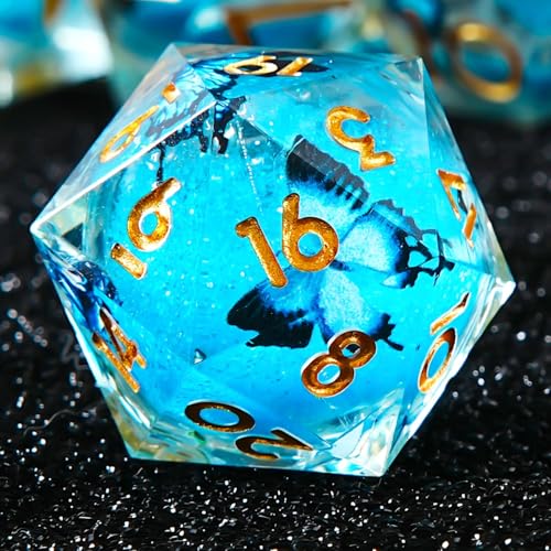 Butterfly Liquid Core D20 DND 22MM Single Dice with Resin Sharp Edge 20 Sided D&D Dice, Handmade Polyhedral for Dungeons and Dragons, RPG(Blue) - color: Butterfly D20-blue